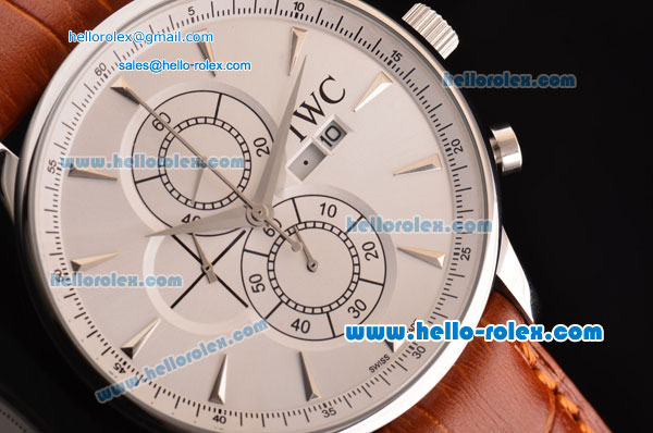 IWC Portuguese Chrono Japanese Miyota OS10 Quartz Stainless Steel Case with Brown Leather Strap and White Dial Stick Markers - Click Image to Close