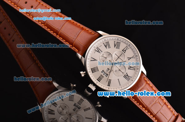 IWC Portuguese Chrono Japanese Miyota OS10 Quartz Stainless Steel Case with Brown Leather Strap and White Dial Roman Markers - Click Image to Close