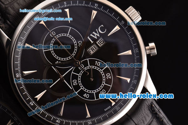IWC Portuguese Chrono Japanese Miyota OS10 Quartz Stainless Steel Case with Black Leather Strap and Black Dial Stick Markers - Click Image to Close