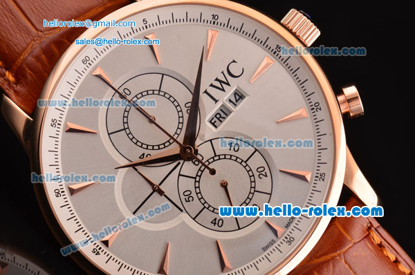 IWC Portuguese Chrono Japanese Miyota OS10 Quartz Rose Gold Case with Brown Leather Strap and White Dial Stick Markers - Click Image to Close