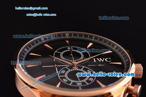 IWC Portuguese Chrono Japanese Miyota OS10 Quartz Rose Gold Case with Black Leather Strap and Black Dial Stick Markers - Click Image to Close