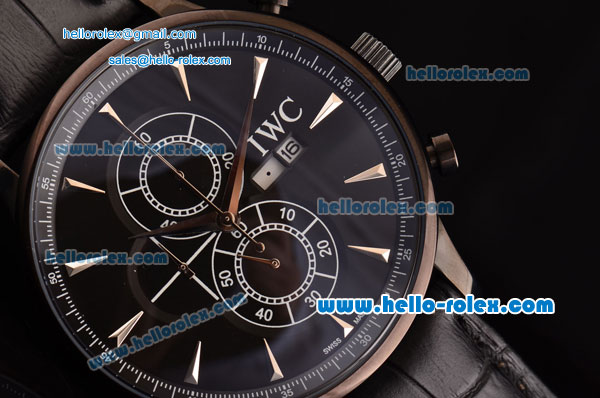 IWC Portuguese Chrono Japanese Miyota OS10 Quartz PVD Case with Black Leather Strap and Black Dial Stick Markers - Click Image to Close