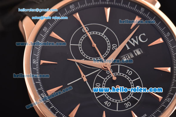 IWC Portuguese Chrono Japanese Miyota OS10 Quartz Rose Gold Case Stick Markers with Black Rubber Strap and Black Dial - Click Image to Close