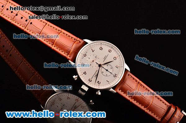 IWC Portuguese Chronograph Japanese Miyota OS10 Quartz Stainless Steel Case with Brown Leather Strap and White Dial - Click Image to Close