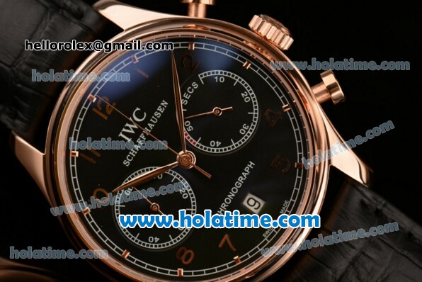 IWC Portuguese Chrono Miyota OS20 Quartz Rose Gold Case with Black Dial Numeral Markers and Black Leather Bracelet - Click Image to Close