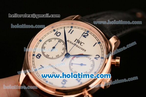 IWC Portuguese Chrono Miyota OS20 Quartz Rose Gold Case with White Dial Blue Numeral Markers and Black Leather Bracelet - Click Image to Close