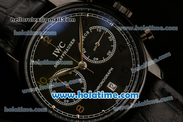 IWC Portuguese Chrono Miyota OS20 Quartz PVD Case with Black Dial Numeral Markers and Black Leather Bracelet - Click Image to Close
