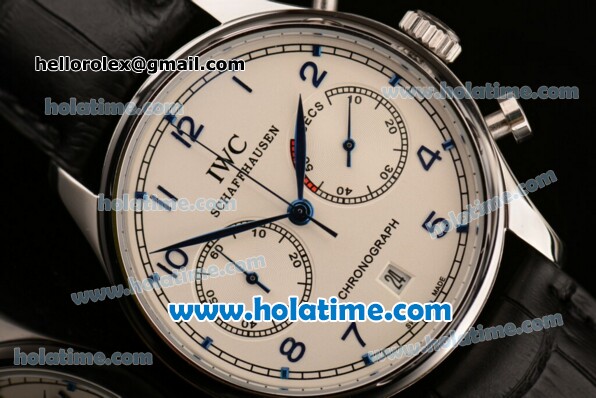 IWC Portuguese Chrono Miyota OS20 Quartz Steel Case with White Dial Blue Numeral Markers and Black Leather Bracelet - Click Image to Close