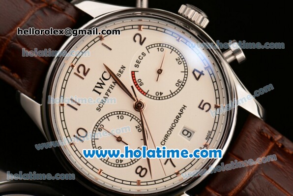 IWC Portuguese Chrono Miyota OS20 Quartz Steel Case with Brown Leather Bracelet White Dial and Rose Gold Markers - Click Image to Close