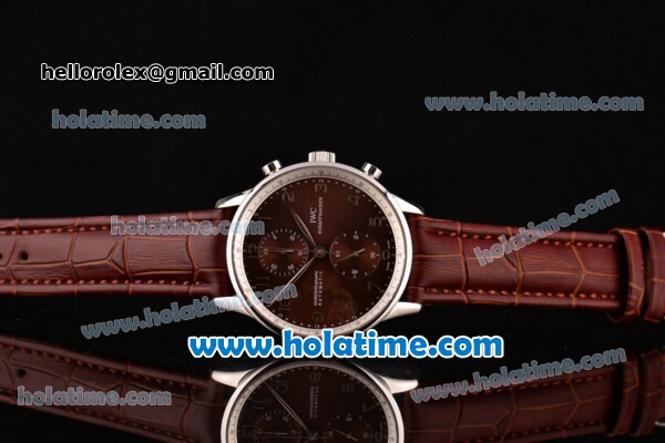 IWC Portuguese Chrono Swiss Valjoux 7750 Automatic Steel Case with Brown Leather Strap and Silver Numeral Markers - Click Image to Close