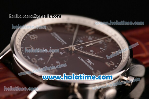 IWC Portuguese Chrono Swiss Valjoux 7750 Automatic Steel Case with Brown Leather Strap and Silver Numeral Markers - Click Image to Close