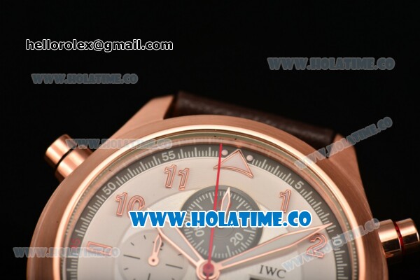IWC Pilot's Watch Spitfire Chrono Miyota Quartz Rose Gold Case with Brown Leather Strap White Dial and Arabic Numeral Markers - Click Image to Close