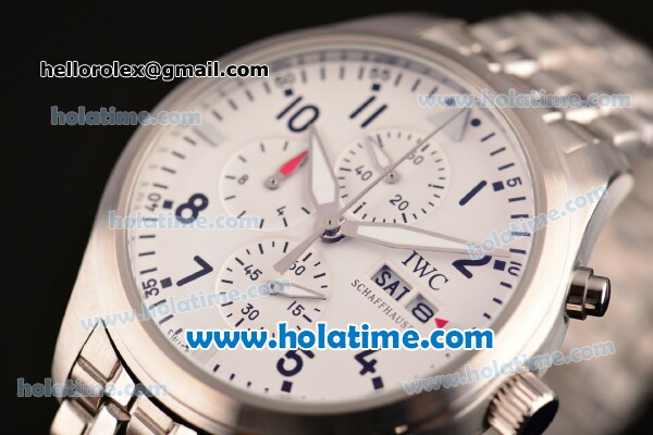 IWC Pilots Chrono Miyota OS10 Quartz Full Steel with White Dial and Black Arabic Numeral Markers - Click Image to Close