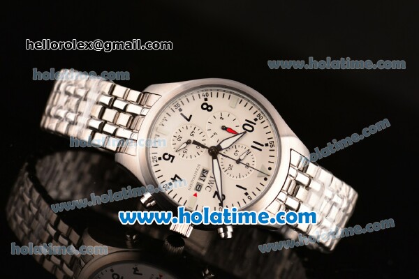 IWC Pilots Chrono Miyota OS10 Quartz Full Steel with White Dial and Black Arabic Numeral Markers - Click Image to Close