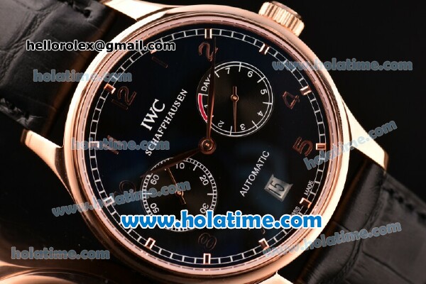 IWC Portuguese Automatic Movement Rose Gold Case with Black Dial and Black Leather Strap - Click Image to Close