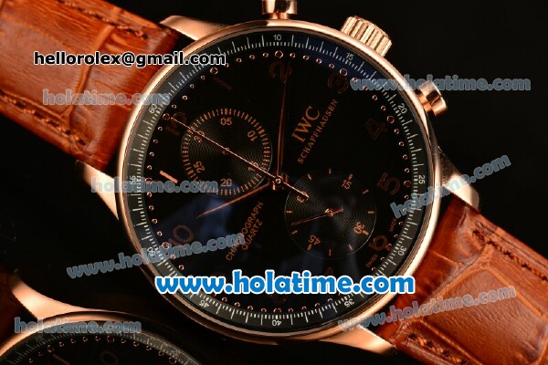 IWC Portuguese Chrono Miyota OS20 Quartz Rose Gold Case with Brown Leather Strap and Black Dial - Click Image to Close