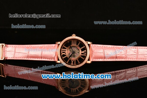 Cartier Rotonde De Swiss Quartz Rose Gold Case with Diamonds Bezel Skeleton Dial and Pink Leather Strap - Click Image to Close