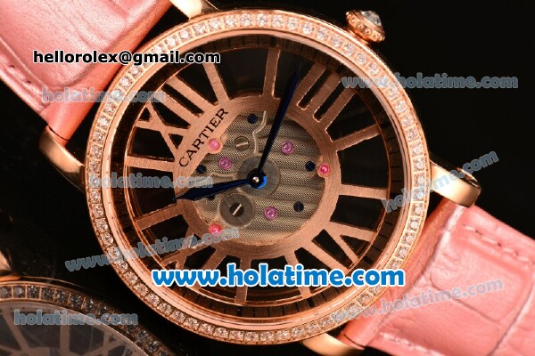 Cartier Rotonde De Swiss Quartz Rose Gold Case with Diamonds Bezel Skeleton Dial and Pink Leather Strap - Click Image to Close