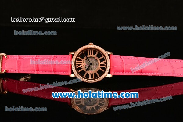 Cartier Rotonde De Swiss Quartz Rose Gold Case with Diamonds Bezel Skeleton Dial and Hot Pink Leather Strap - Click Image to Close