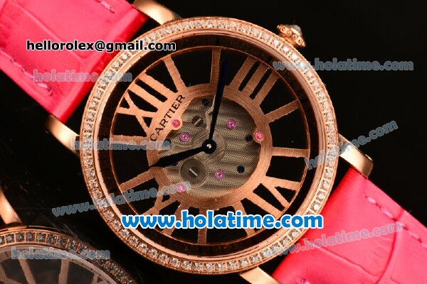 Cartier Rotonde De Swiss Quartz Rose Gold Case with Diamonds Bezel Skeleton Dial and Hot Pink Leather Strap - Click Image to Close