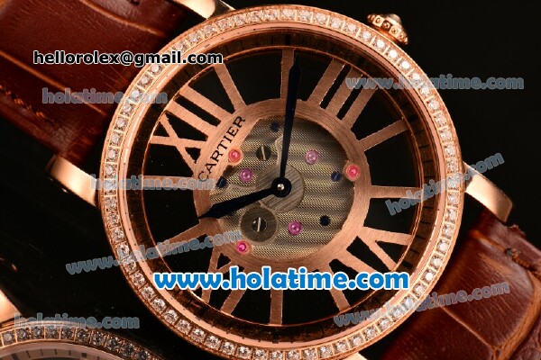 Cartier Rotonde De Swiss Quartz Rose Gold Case with Diamonds Bezel Skeleton Dial and Brown Leather Strap - Click Image to Close