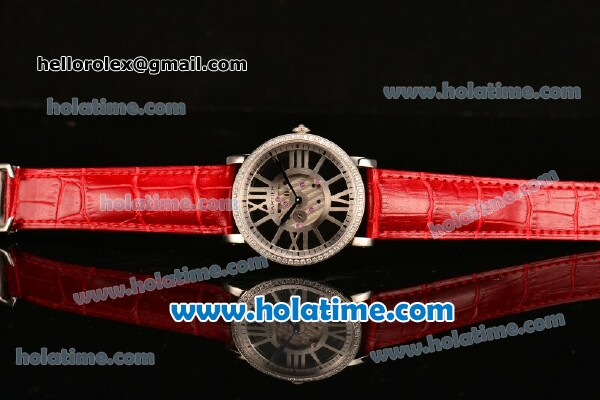 Cartier Rotonde De Swiss Quartz Steel Case with Diamonds Bezel Skeleton Dial and Red Leather Strap - Click Image to Close