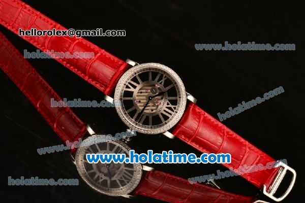 Cartier Rotonde De Swiss Quartz Steel Case with Diamonds Bezel Skeleton Dial and Red Leather Strap - Click Image to Close