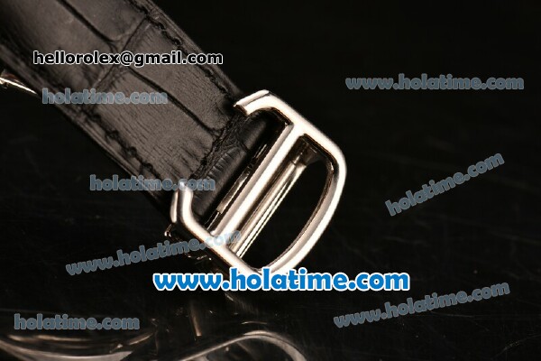 Cartier Rotonde De Swiss Quartz Steel Case with Diamonds Bezel Skeleton Dial and Black Leather Strap - Click Image to Close