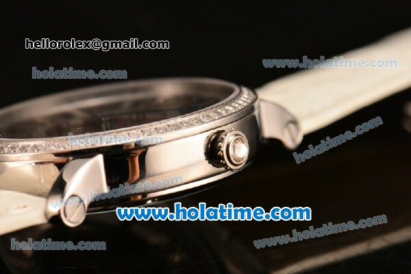 Cartier Rotonde De Swiss Quartz Steel Case with Diamonds Bezel Skeleton Dial and White Leather Strap - Click Image to Close
