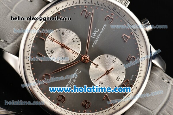 IWC Portuguese Chrono Swiss Valjoux 7750 Automatic Steel Case with Grey Dial and Grey Leather Strap - Click Image to Close