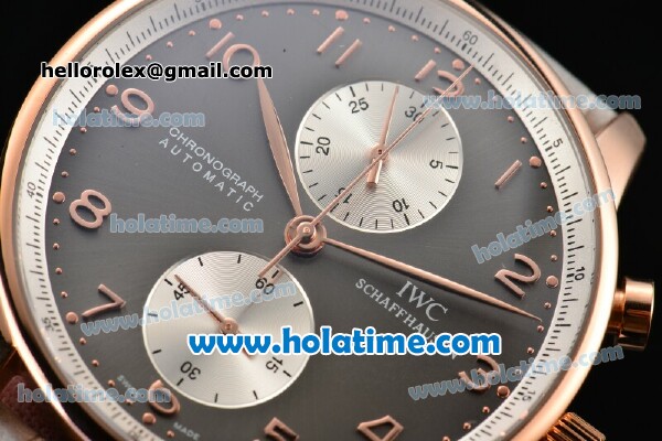 IWC Portuguese Chrono Swiss Valjoux 7750 Automatic Rose Gold Case with Grey Dial and Grey Leather Strap - Click Image to Close