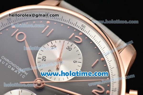 IWC Portuguese Chrono Swiss Valjoux 7750 Automatic Rose Gold Case with Grey Dial and Grey Leather Strap - Click Image to Close