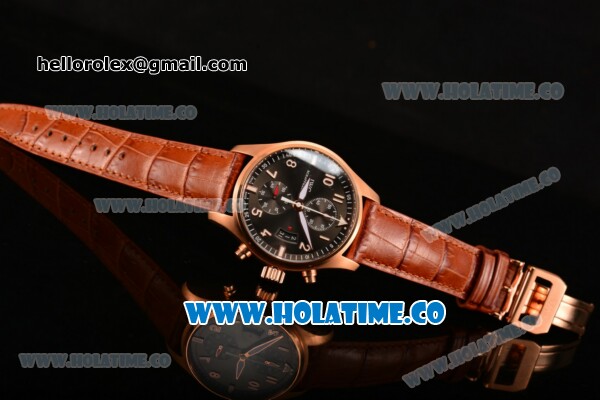 IWC Pilot Chrono Swiss Valjoux 7750 Automatic Rose Gold Case with Black Dial and Brown Leather Strap - 1:1 Original - Click Image to Close
