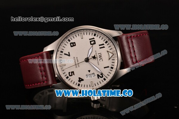 IWC Pilot's Mark XVII Swiss ETA 2824 Automatic Steel Case with White Dial Black Arabic Numeral Markers and Burgundy Leather Strap - Click Image to Close