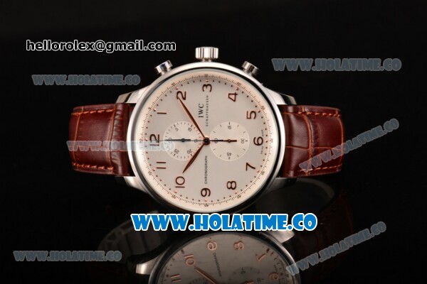 IWC Portuguese Chrono Miyota Quartz Steel Case with Brown Leather Strap White Dial and Arabic Numeral Markers - Click Image to Close