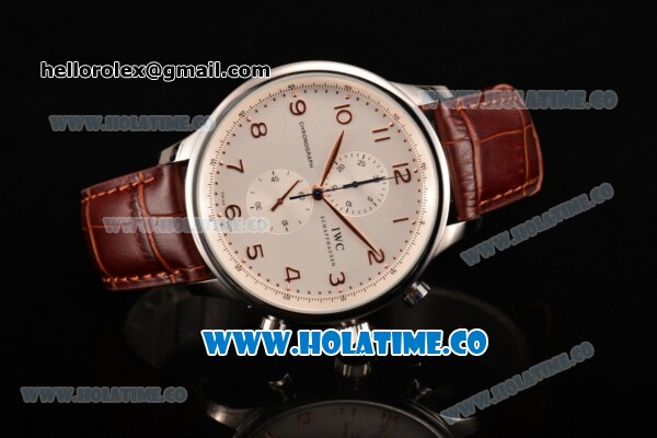 IWC Portuguese Chrono Miyota Quartz Steel Case with Brown Leather Strap White Dial and Arabic Numeral Markers - Click Image to Close