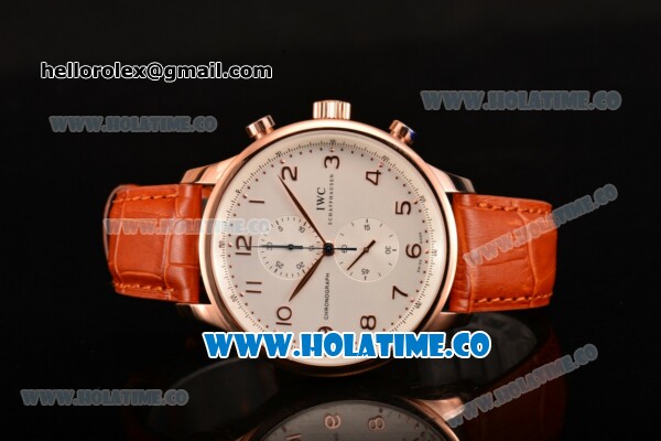 IWC Portuguese Chrono Miyota Quartz Rose Gold Case with Orange Leather Strap White Dial and Arabic Numeral Markers - Click Image to Close