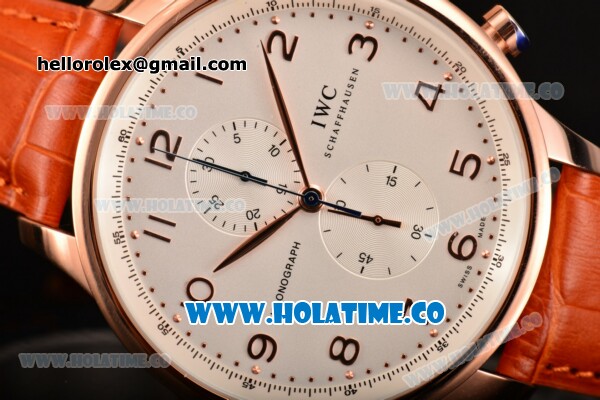 IWC Portuguese Chrono Miyota Quartz Rose Gold Case with Orange Leather Strap White Dial and Arabic Numeral Markers - Click Image to Close