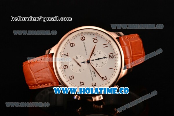 IWC Portuguese Chrono Miyota Quartz Rose Gold Case with Orange Leather Strap White Dial and Arabic Numeral Markers - Click Image to Close