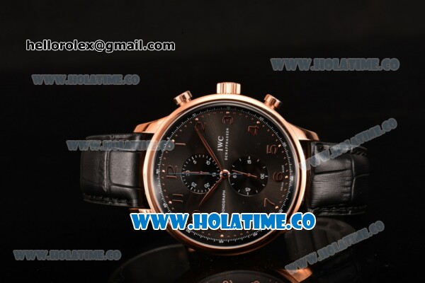 IWC Portuguese Chrono Miyota Quartz Rose Gold Case with Grey Dial Black Leather Strap and Arabic Numeral Markers - Click Image to Close