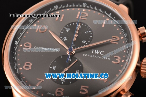 IWC Portuguese Chrono Miyota Quartz Rose Gold Case with Grey Dial Black Leather Strap and Arabic Numeral Markers - Click Image to Close