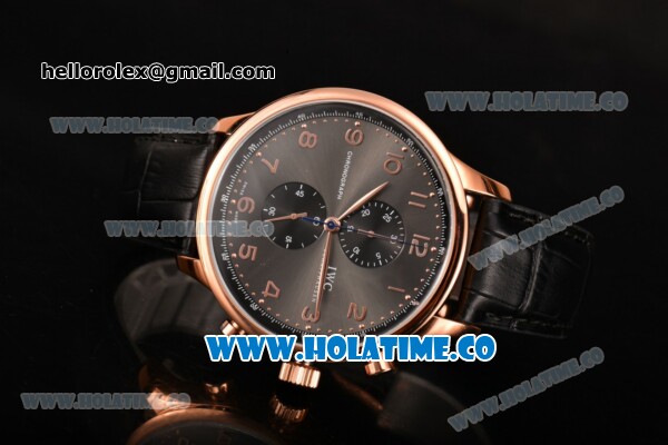 IWC Portuguese Chrono Miyota Quartz Rose Gold Case with Grey Dial Black Leather Strap and Arabic Numeral Markers - Click Image to Close