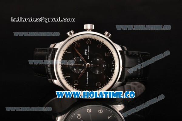 IWC Portuguese Chrono Miyota Quartz Steel Case with Black Dial Black Leahter Strap and Arabic Numeral Markers - Click Image to Close