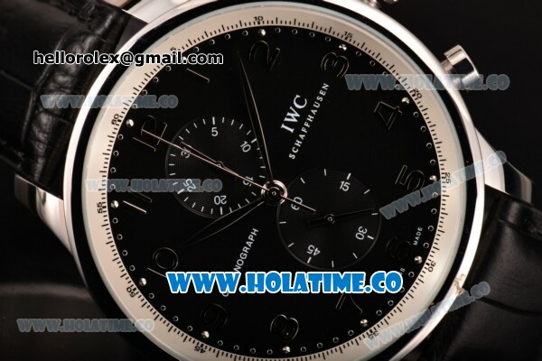 IWC Portuguese Chrono Miyota Quartz Steel Case with Black Dial Black Leahter Strap and Arabic Numeral Markers - Click Image to Close
