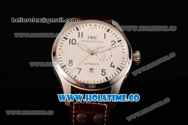 IWC Big Pilot Automatic Movement Steel Case with Silver Dial - Black Numeral Markers and Brown Leather Strap - Click Image to Close