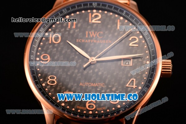 IWC Portugieser Asia 2813 Automatic Full Rose Gold with Black Carbon Fiber Dial and Rose Gold Arabic Numeral Markers - Click Image to Close