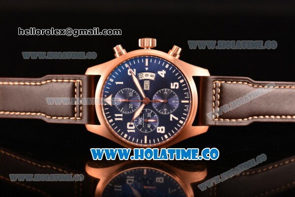 IWC Pilot's Watch Chrono Swiss Valjoux 7750 Automatic Rose Gold Case with Blue Dial Brown Leather Strap and Arabic Numeral Markers - Click Image to Close