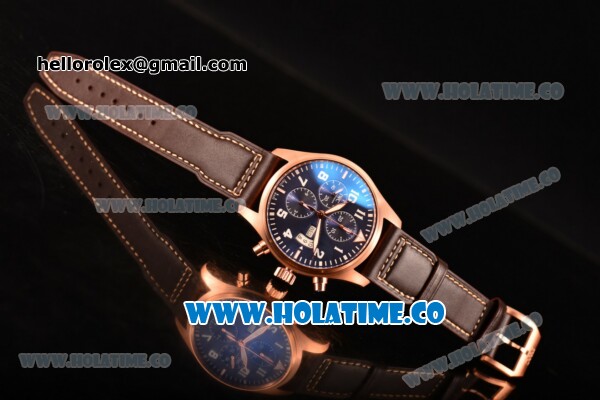 IWC Pilot's Watch Chrono Swiss Valjoux 7750 Automatic Rose Gold Case with Blue Dial Brown Leather Strap and Arabic Numeral Markers - Click Image to Close