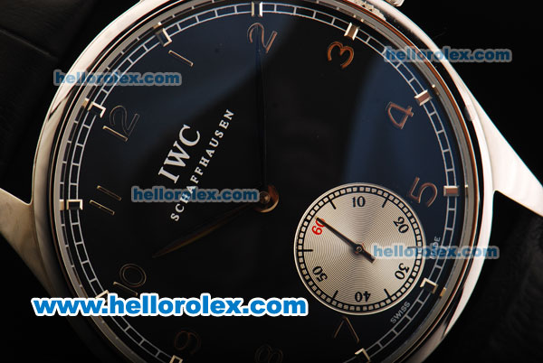 IWC Schaffhausen Swiss ETA 6497 Manual Winding Movement Black Dial with Silver Arabic Numerals and Black Leather Strap - Click Image to Close