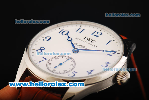 IWC Schaffhausen Swiss ETA 6497 Manual Winding Movement Steel Case with Blue Arabic Numerals - White Dial and Red Leather Strap - Click Image to Close